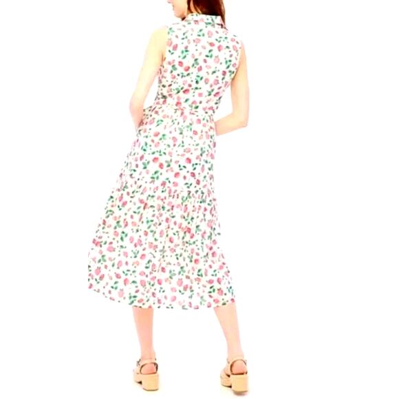 J.Crew Factory Strawberry Print Collared Midi Dress Size 8 Sleeveless Belted - Picture 6 of 11
